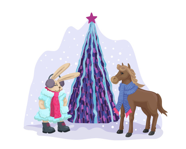 2020年新年快乐。可爱的圣诞贺卡设计。向量卡通插图。穿着冬衣的动物在圣诞树前。图片下载