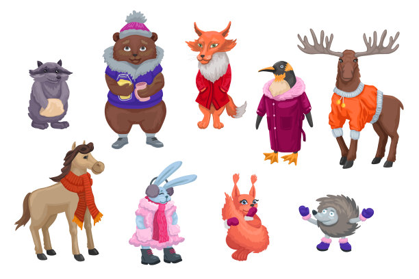 一组穿着冬天衣服的森林动物。卡通可爱的人物。矢量插图。图片下载