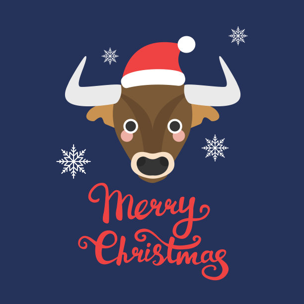 一头可爱的公牛头戴着圣诞帽，蓝色背景上有雪花，文字上写着圣诞快乐的问候。新年的插图。明信片、海报、打印图片下载