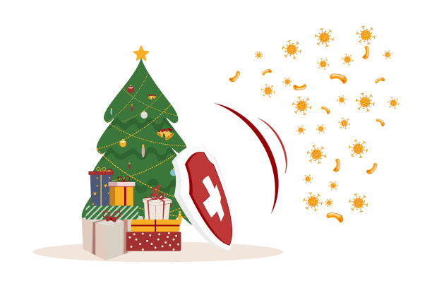 防止细菌，健康病毒。挂满礼物的圣诞树矗立在盾牌后面，盾牌反映了细菌的攻击，圣诞和新年的载体。图片下载