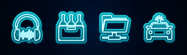 设置线耳机和声波，酒瓶在盒子里，FTP文件夹和警车闪光灯。发光的霓虹灯图标。向量图片下载