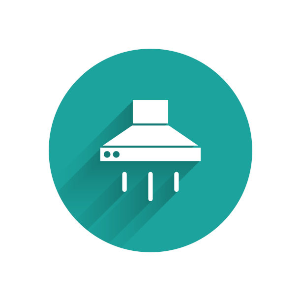 白色厨房提取风扇图标孤立与长阴影。炊具罩。厨房排气。家用电器。绿色圆圈按钮。向量图片下载