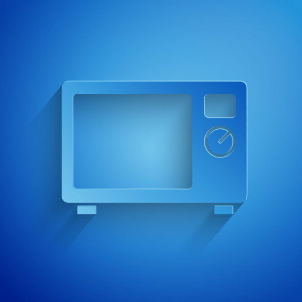 剪纸微波炉图标孤立在蓝色背景。家用电器图标。纸艺术风格。向量图片下载