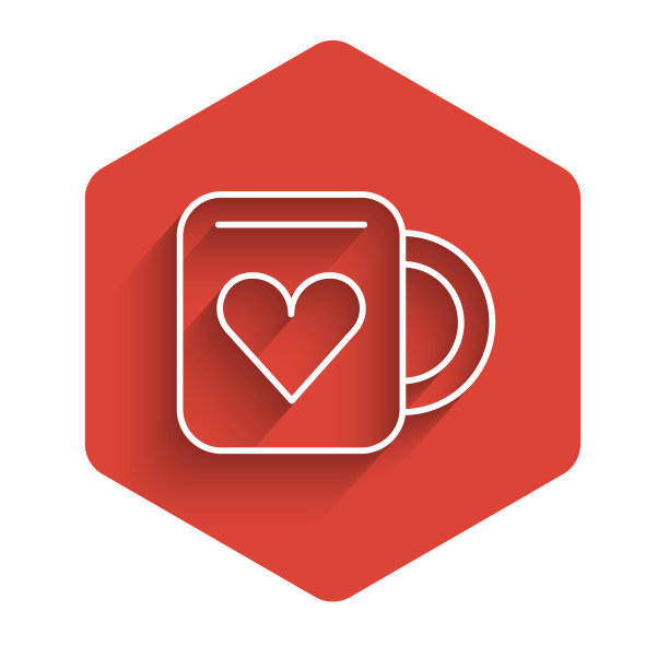 白线咖啡杯和心形图标孤立与长影子。情人节的情侣咖啡。红色的六角按钮。向量图片下载