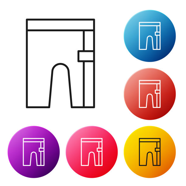 黑色线自行车短裤图标孤立在白色背景。设置彩色圆形按钮图标。向量图片下载