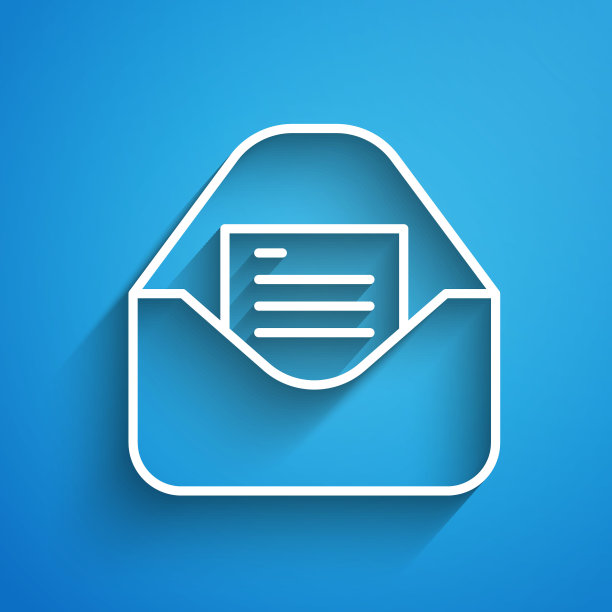 白色线信封与圣诞派对邀请卡图标孤立在蓝色背景。圣诞快乐，恭贺新禧。长长的阴影。向量图片下载