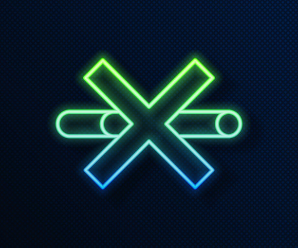 霓虹线不吸烟图标孤立在蓝色背景。香烟的象征。向量图片下载