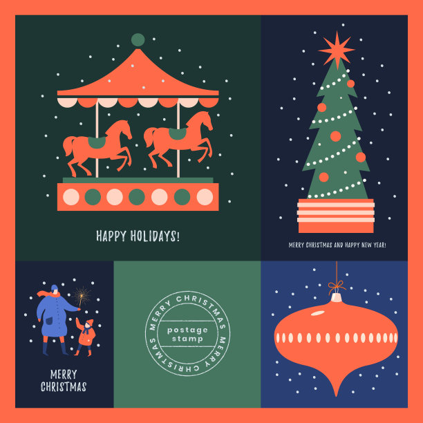 收集圣诞图片与节日的象征:旋转木马与马，装饰云杉，圣诞树玩具。图片下载