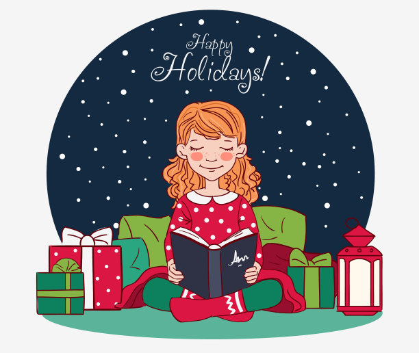 可爱的女孩在看书。圣诞矢量插图在明亮的颜色图片下载