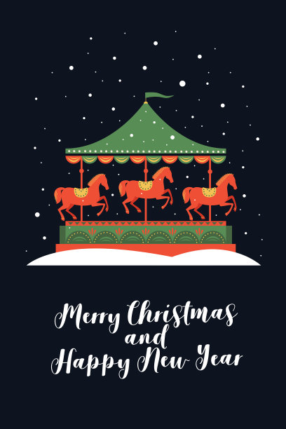 在飘落的雪下，红马的节日旋转木马。图片下载