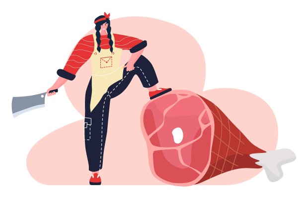 屠夫的女人。女性的职业。女权主义。鲜肉和肉制品肉类市场工作人员。孤立的矢量图图片下载