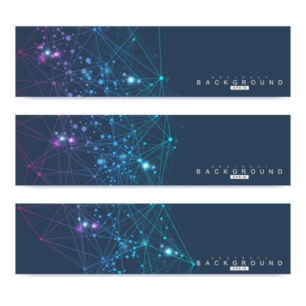 科学的现代载体旗帜。DNA分子结构与连接的线和点。科技观念。波浪流图形背景为您的设计。矢量插图。图片下载