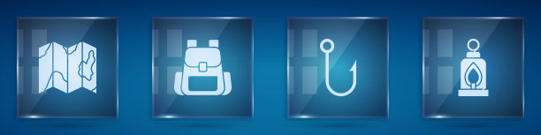 在地图上设置森林的位置，徒步背包，钓鱼钩和露营灯。方形玻璃面板。向量图片下载