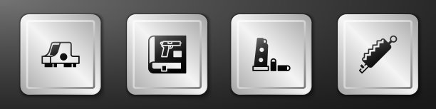 设置瞄准镜，书与手枪枪，枪杂志和子弹和陷阱狩猎图标。银广场按钮。向量图片下载
