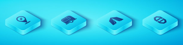 设置等距罗盘，房车露营拖车，漂流船和旅游帐篷图标。向量图片下载