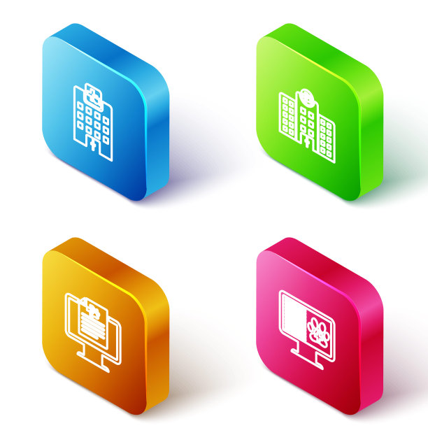 设置兽医医院、临床记录宠物在监视器和图标上的等距线。向量图片下载