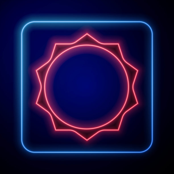 发光的霓虹灯太阳图标孤立在蓝色背景。向量图片下载