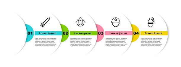 设定线火箭，目标运动，军事头盔和手榴弹。业务信息模板。向量图片下载