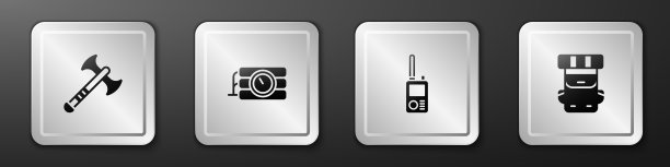 设置战争斧头，炸药和计时器，对讲机和徒步背包图标。银广场按钮。向量图片下载