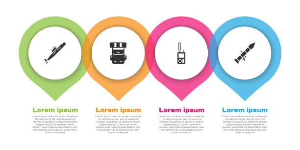 设置潜艇，徒步背包，对讲机和火箭发射器。业务信息模板。向量图片下载