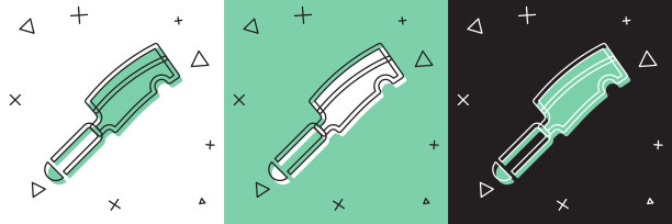 设置肉类直升机图标隔离在白色和绿色，黑色背景。切肉刀。菜刀用来切肉。切肉刀。向量图片下载