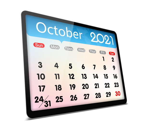 (剪辑路径)10月2021年数字平板电脑孤立日历图片下载