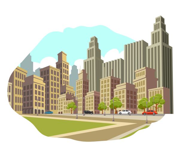 城市的城市背景。现代卡通城市景观设计矢量插图。高楼大厦，有汽车的道路，有树木的步道。水平的户外场景图片下载