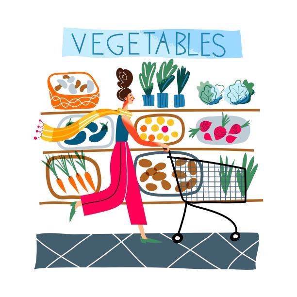 女孩在商店购物。年轻女子在商店买新鲜的绿色蔬菜。年轻快乐女人的日常生活矢量插图。食品店室内用盒子设计图片下载