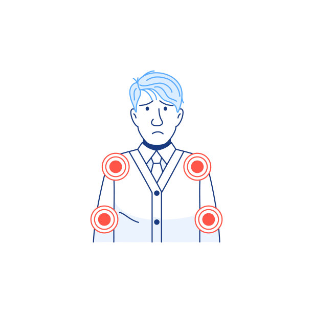 年轻的病人有肌肉疼痛的症状。线字符图标隔离在白色上。身体疼痛的受感染病人。胳膊肩关节，手肘疼痛。冠状病毒流感感冒医学媒介图解。图片下载