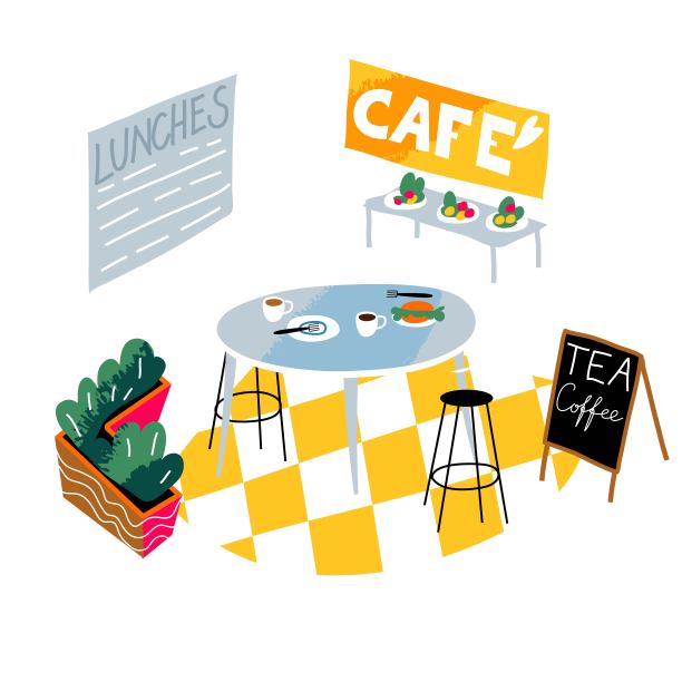 咖啡馆室内设计背景。空房间有两把椅子，桌子与盘子与食物和杯子与咖啡和茶矢量插图。菜单黑板，吃喝的地方图片下载