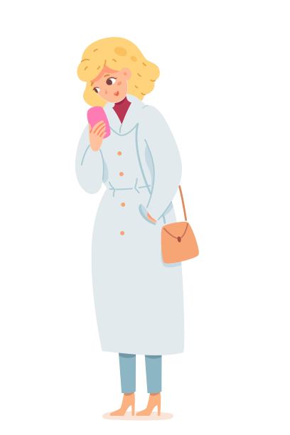 穿着秋装拿着手机的女人。正面的美丽的女工人在休闲秋天大衣与手在口袋上白色的背景。人物时尚矢量插图图片下载