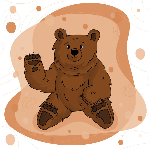 手绘的快乐熊灰熊正在挥舞着手，坐在棕色的粉红色的背景上图片下载