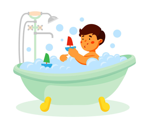 男孩洗澡-彩色平面设计风格插图图片下载
