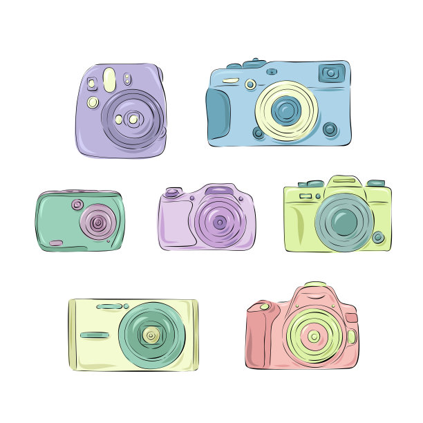 彩色蜡笔矢量插图一套复古相机。手绘复古相机可爱的颜色。素描和卡通风格。手绘图片下载