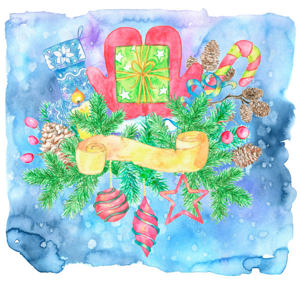 圣诞和新年贺卡与手套，针叶树，装饰物和传统物品在蓝色的背景。图片下载