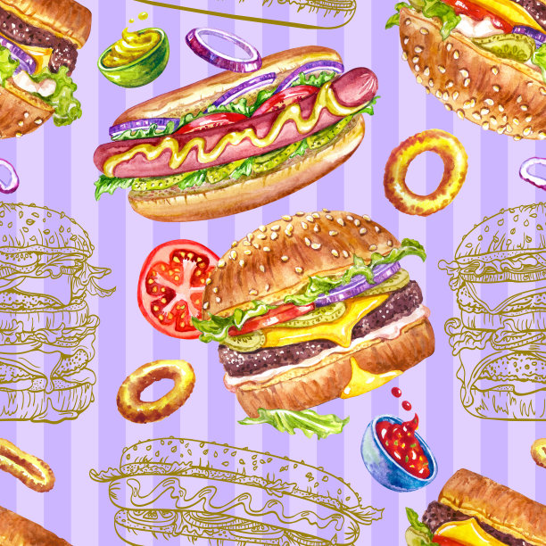 紫色条纹背景上的汉堡、热狗和洋葱圈的无缝图案图片下载