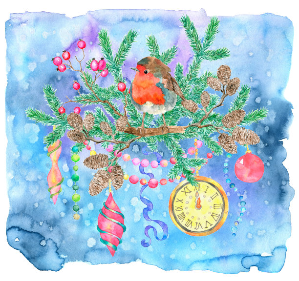 圣诞和新年贺卡与冬天的鸟，松柏，锥形，浆果和装饰在蓝色的背景。图片下载