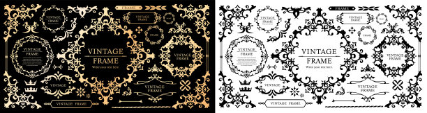 皇家字母组合框架。手绘皇冠徽章，复古涂鸦素描标志和优雅的字母组合。装饰古董精品标牌边框或花卉装饰金标志。孤立向量符号集图片下载