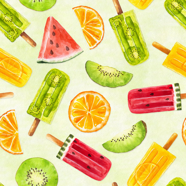 无缝图案水彩水果冰棒与西瓜，猕猴桃和橙色在浅绿色的背景。图片下载