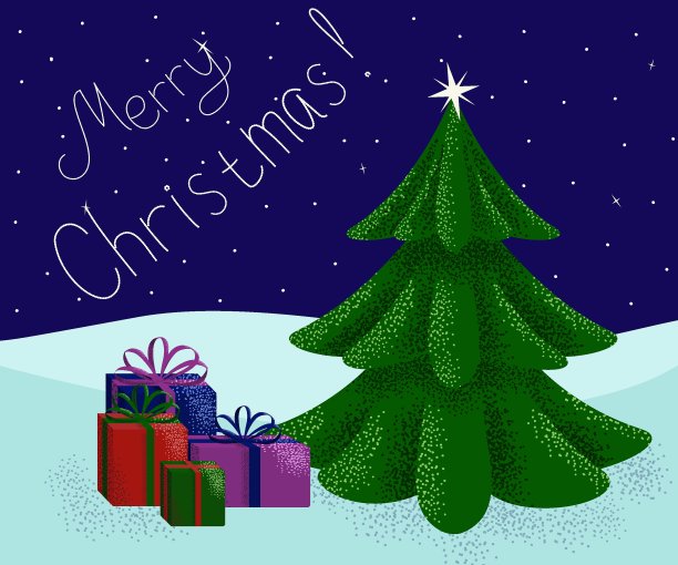 明信片圣诞快乐。星空，礼物和圣诞树绿油油，体积大，带着噪音。没有装饰，葱郁风格化。图片下载