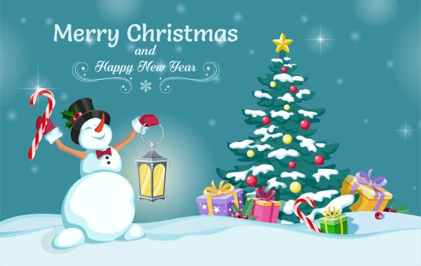 快乐的雪人和圣诞树，带着礼物。圣诞快乐，恭贺新禧图片下载