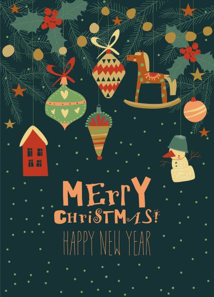 有冷杉树枝和古董玩具的圣诞卡图片下载