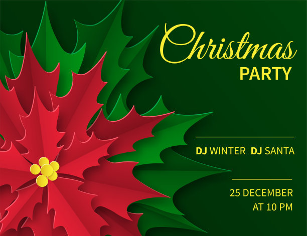 圣诞海报，一品红。剪纸风格的新年贺卡。文本。向量图片下载