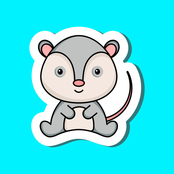 可爱的卡通贴纸小负鼠标志模板。吉祥物动物人物设计的相册，剪贴簿，贺卡，邀请，传单，贴纸，卡片。矢量股票插图。图片下载