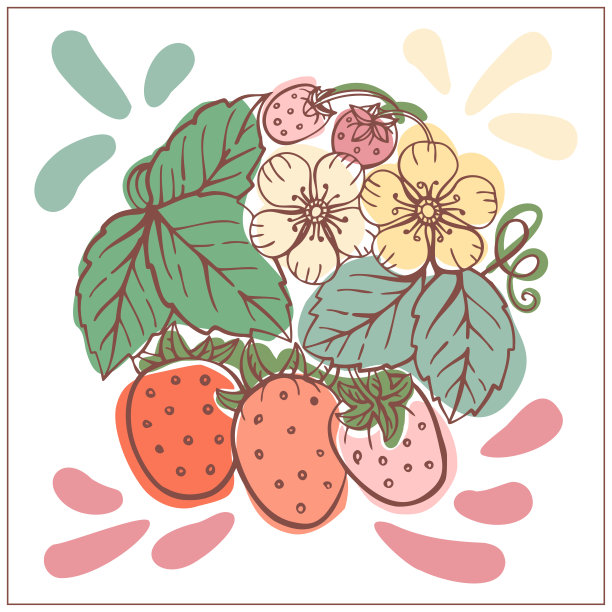 草莓花环，浆果，叶子。图形手绘平面风格。包装上的涂鸦插图，菜单卡，海报，印刷品。孤立的白色背景。图片下载