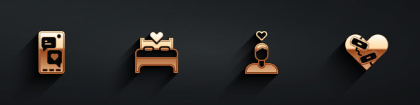 Set Mobile with heart, Bedroom, Couple in love and heal broken icon with long shadow。向量图片下载