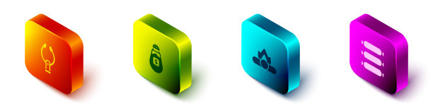 设置等距肉钳，盐，篝火和香肠图标。向量图片下载