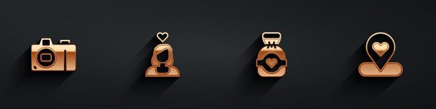 Set Photo camera, Couple in love, Chocolate candy and Location with heart icon with long shadow。向量图片下载