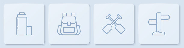 设置线路保温瓶，船桨，徒步背包和道路交通路标。白色正方形按钮。向量图片下载