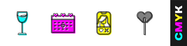设置酒杯，日历与心，在线约会应用程序和棒棒糖图标。向量图片下载